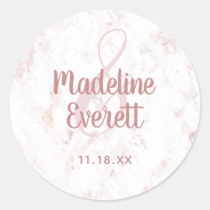 White Blush Marble and Rose Gold Monogram Wedding Classic Round Sticker