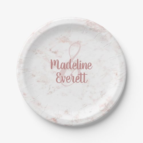 White Blush Marble and Rose Gold Wedding Monogram Paper Plates