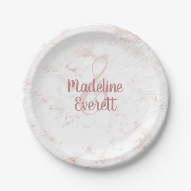 White Blush Marble and Rose Gold Wedding Monogram Paper Plates (Front)