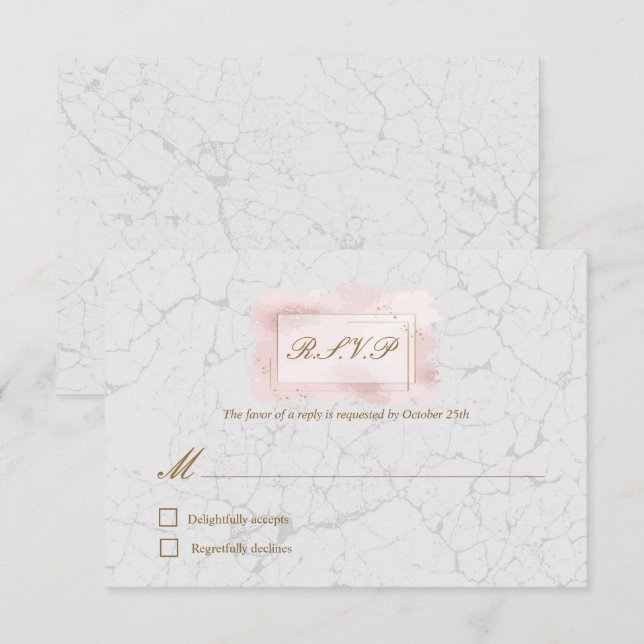 White & Blush Marble Gold Frame Wedding RSVP card (Front/Back)