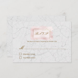 White & Blush Marble Gold Frame Wedding RSVP card