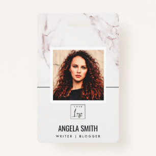 WHITE BLUSH MARBLE TEXTURE EMPLOYEE PHOTO BARCODE BADGE