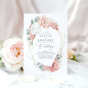 White Blush Peach and Dusty Rose Floral Wedding Invitation