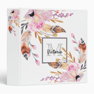 White blush pink boho feathers monogram name 3 ring binder