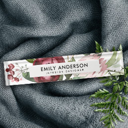 WHITE BLUSH PINK BURGUNDY PROTEA FLORAL WATERCOLOR DESK NAME PLATE