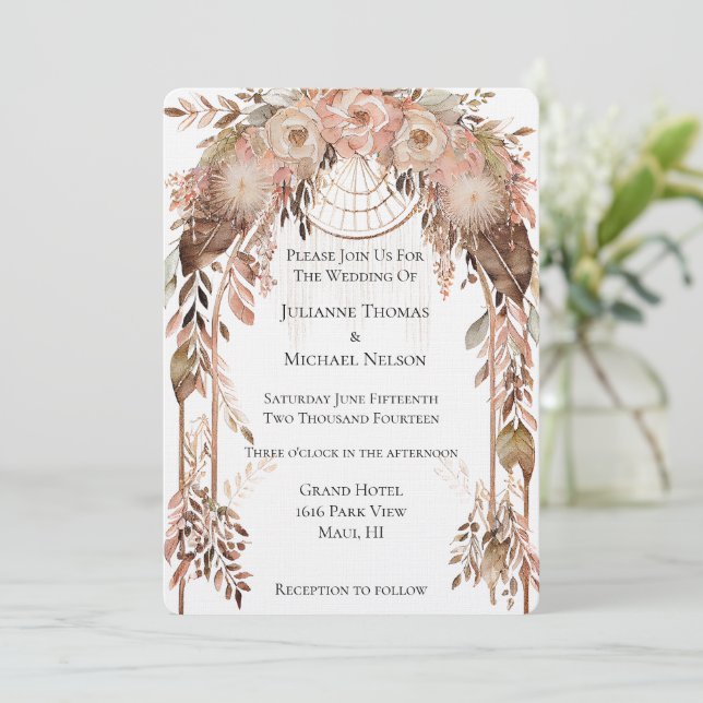 White Blush Pink Cream Boho Floral Wedding Arch Invitation (Standing Front)