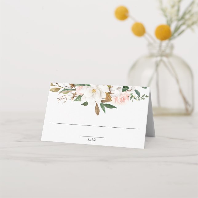 White blush pink greenery magnolia floral place card (Front)