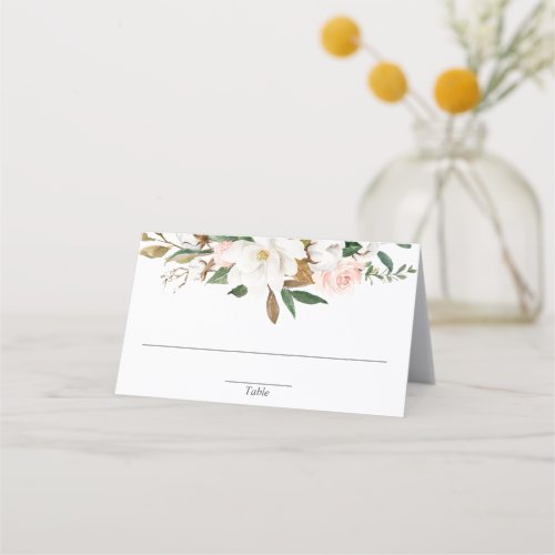 White blush pink greenery magnolia floral place card