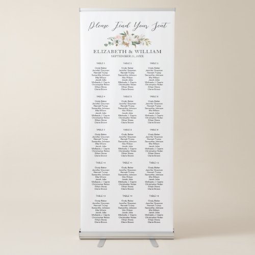White  Blush Pink Magnolia Floral Script Seating Retractable Banner