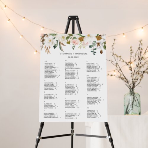 White  Blush Pink Magnolia Floral Seating Chart Foam Board