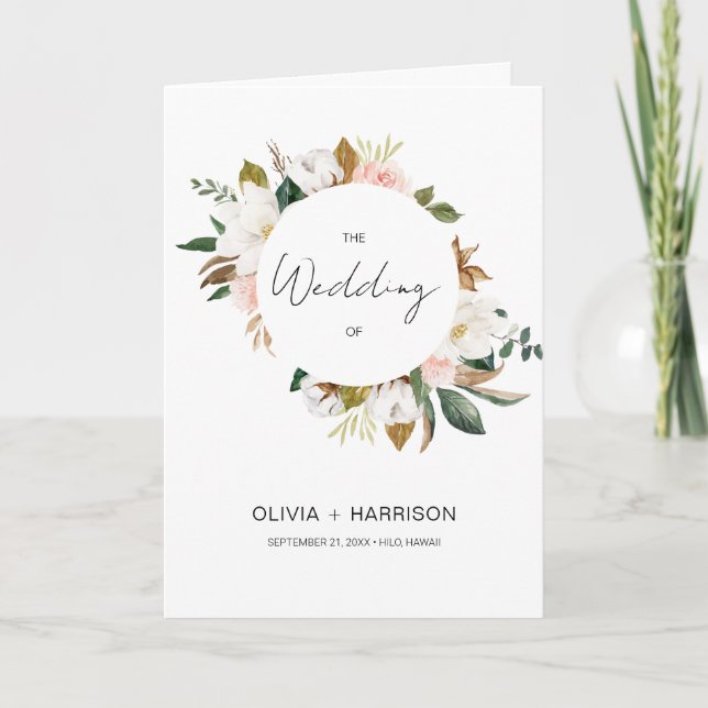 White & Blush Pink Magnolia Floral Wedding Folded Program (Front)