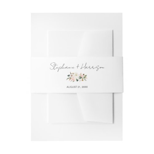 White  Blush Pink Magnolia Floral Wedding Invitation Belly Band