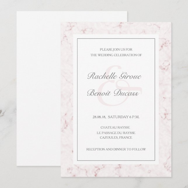 White blush pink marble elegant modern wedding invitation (Front/Back)