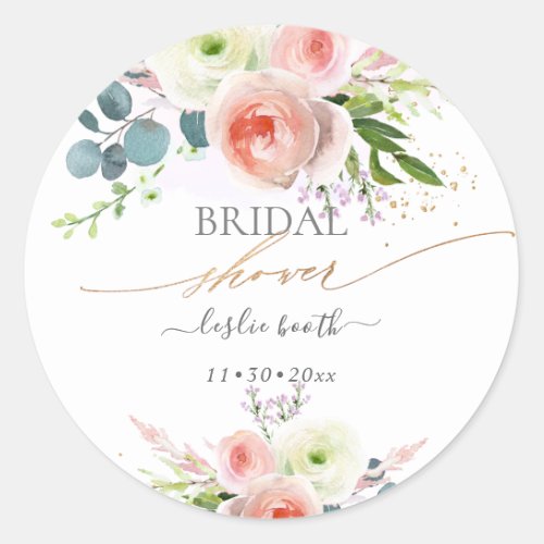 White Blush Pink Peonies Bridal Shower Invitation Classic Round Sticker