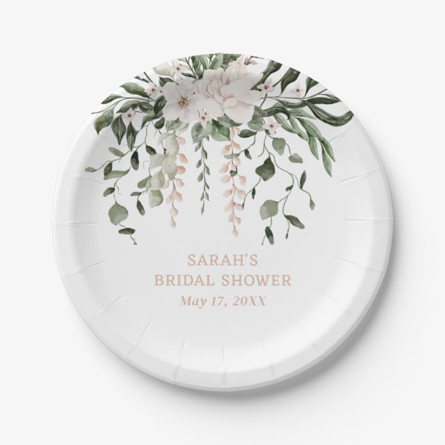 White Blush Pink Rose Bridal Shower Paper Plates (Front)
