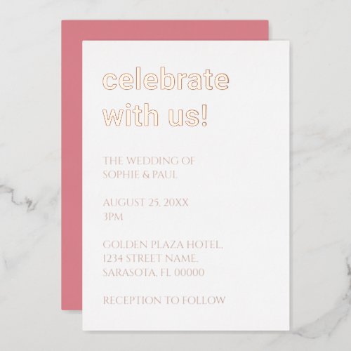 White Blush Pink Wedding Rose Gold Foil Invitation