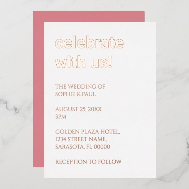 White Blush Pink Wedding Rose Gold Foil Invitation (Front/Back)