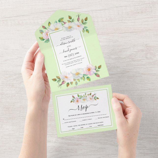 White, blush pink wild rose floral green wedding all in one invitation (Tearaway)