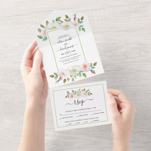 White blush pink wild rose floral green wedding  all in one invitation