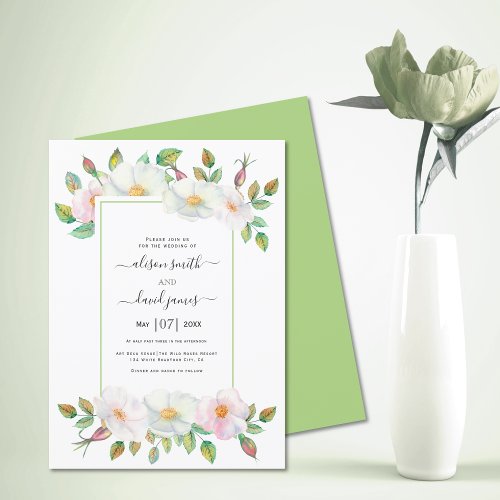 White blush pink wild rose green floral wedding invitation