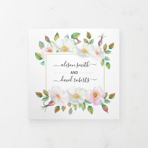 White blush pink wild rose green floral wedding Tri_Fold invitation