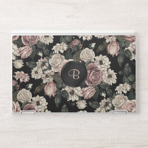 White Blush Roses Black Monogram  HP Laptop Skin