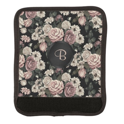 White Blush Roses Black Monogram  Luggage Handle Wrap