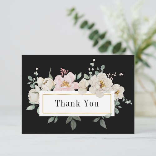 White Blush Roses Gold Frame on Black Wedding Thank You Card