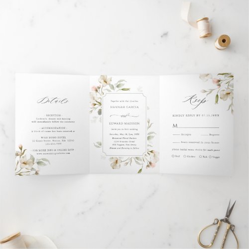 White Blush Sage Elegant Floral Wedding Tri_Fold Invitation