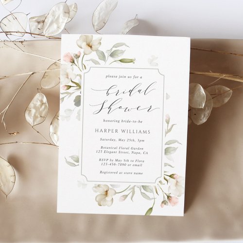 White Blush Sage Floral Bridal Shower Invitation