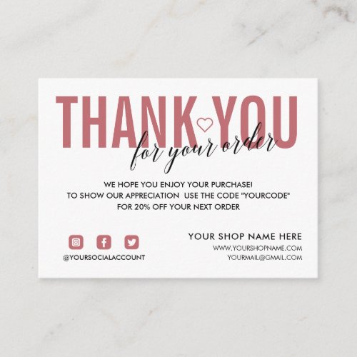 WHITE BLUSH THANK YOU FOR YOUR ORDER SOCIAL ENCLOSURE CARD