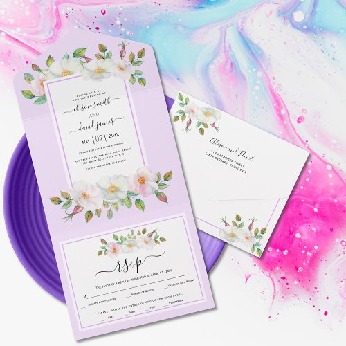 White blush wild rose floral lavender wedding   all in one invitation