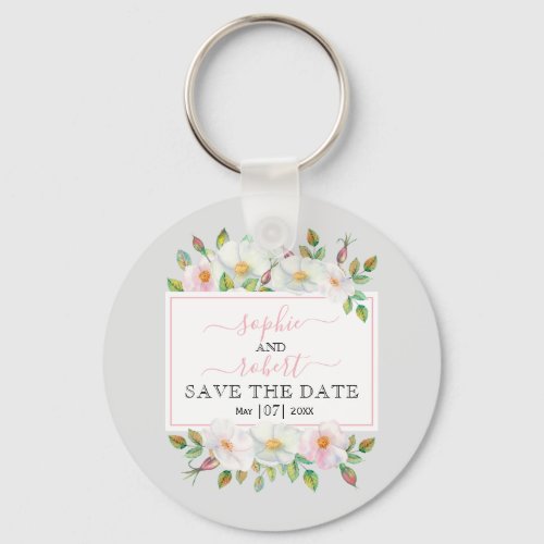 White blush wild roses gray floral Save the Date Keychain