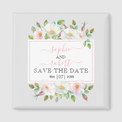 White blush wild roses gray floral Save the Date Magnet