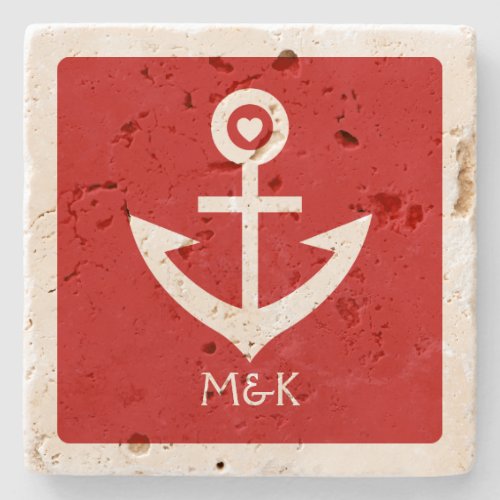 White Boat Anchor  Red Geometric Background Stone Coaster