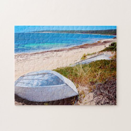 White boat Beach Blue Sky Ocean Photo Jigsaw Puzzle