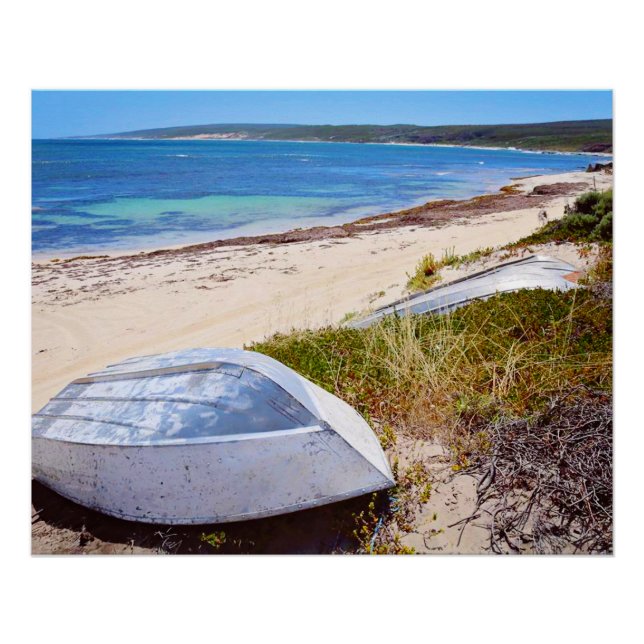 White Boat on Beach Golden Sands Blue Sea Photo Poster (Front)