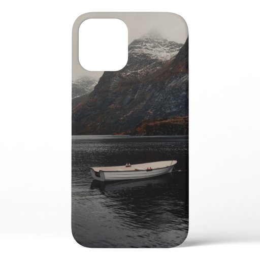 WHITE BOAT ON BODY OF WATER NEAR MOUNTAINS iPhone 12 CASE