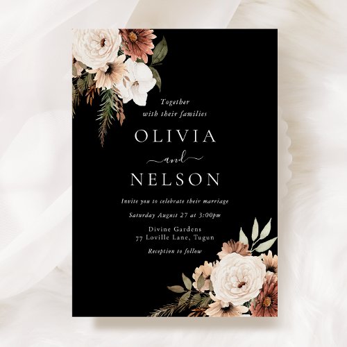 White Bohemian Floral Modern Black Wedding Invitation