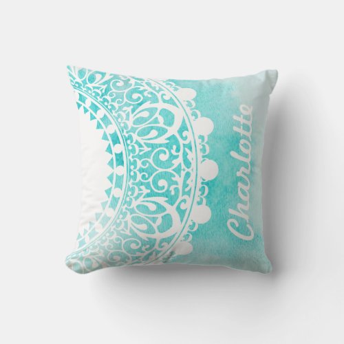 White Bohemian Mandala Blue Watercolor Throw Pillow