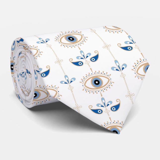 White bohemian retro evil eye pattern neck tie (Rolled)