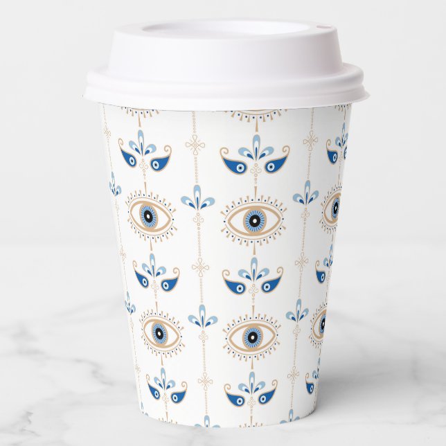 White bohemian retro evil eye pattern paper cups (Front)