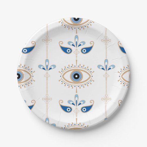 White bohemian retro evil eye pattern paper plates