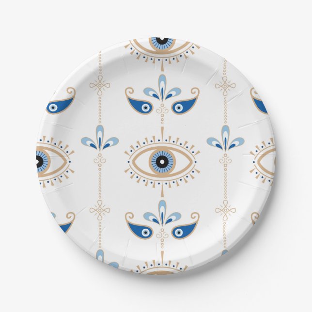 White bohemian retro evil eye pattern paper plates (Front)