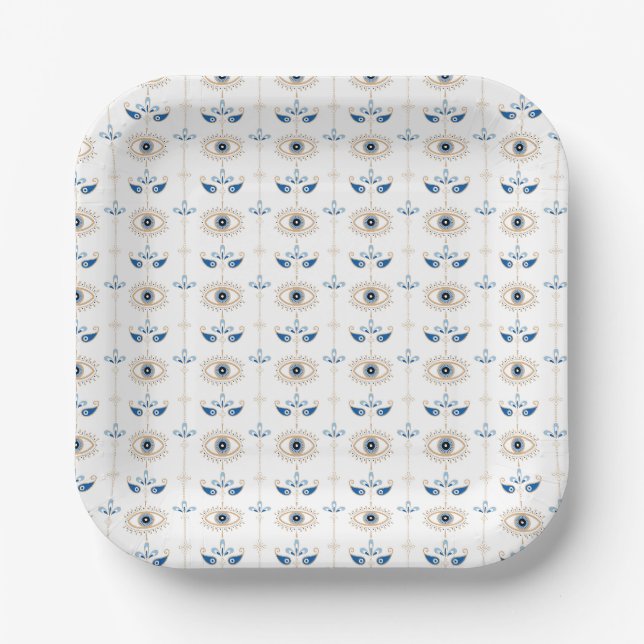 White bohemian retro evil eye pattern paper plates (Front)