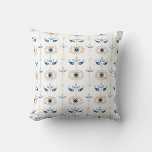 White bohemian retro evil eye pattern throw pillow
