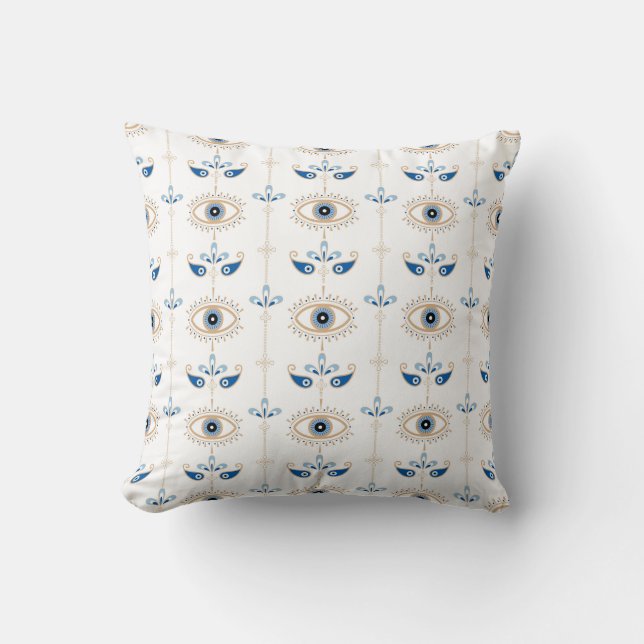 White bohemian retro evil eye pattern throw pillow (Front)