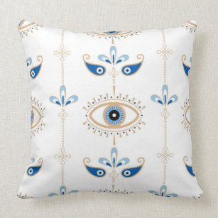 White bohemian retro evil eye pattern throw pillow