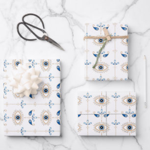 White bohemian retro evil eye pattern wrapping paper sheets