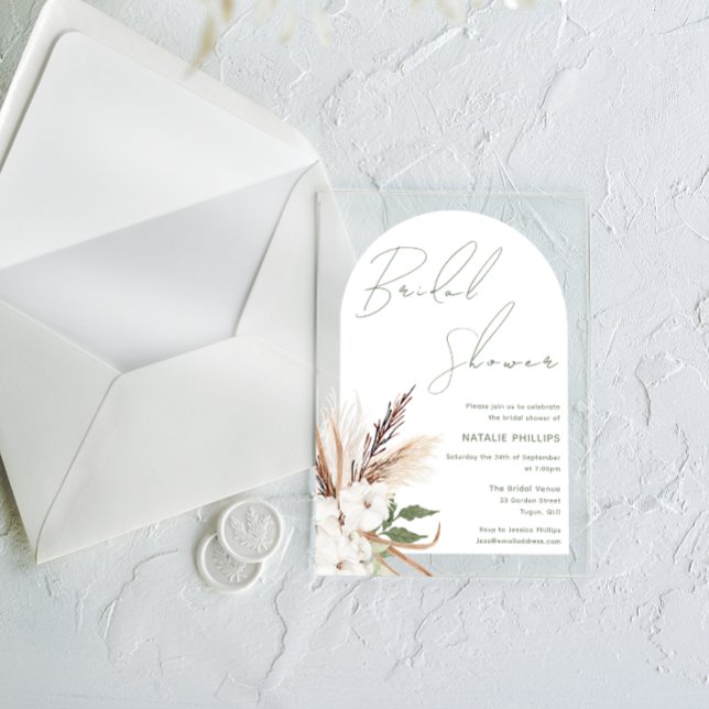 White Boho Arch Floral Bridal Shower Acrylic Invitations (Creator Uploaded)